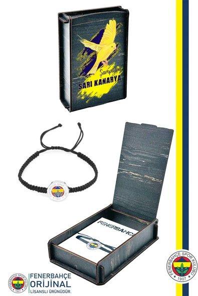 Fenerbahçe Orijinal Lisanslı Fb Logo Makrome Siyah Bileklik Kanarya Baskılı Hediyelik Ahşap Kutulu ürün görseli 1