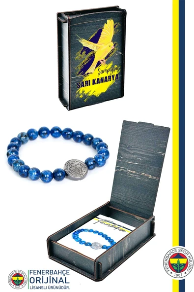Fenerbahçe Orijinal Lisanslı Fb Lapis (8mm) Doğaltaş Bileklik Kanarya Baskılı Hediyelik Ahşap Kutulu ürün görseli 1