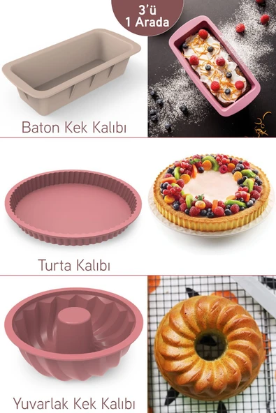 İronika 3 Lü Silikon Kek Kalıbı Seti Oval Yuvarlak Baton Kek Kalıbı Turta Kalıbı Set ürün görseli 1