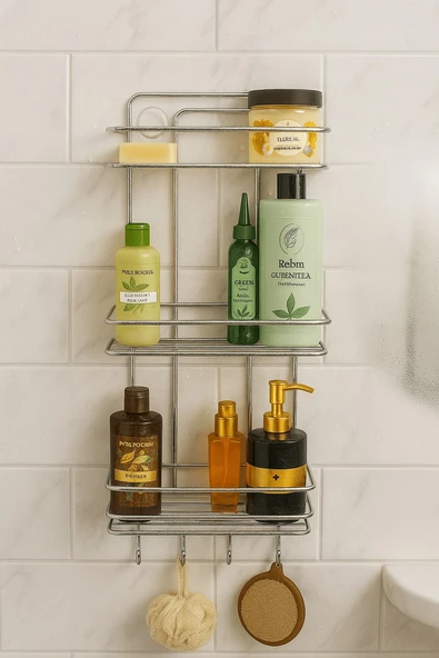 Paslanmaz Krom Yapışkanlı Banyo Duş Rafı Şampuanlık 3 Katlı, 4 Kancalı, Dayanıklı, Şık Düzenleyici ürün görseli 1