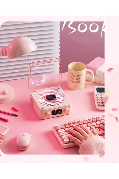 Waves Nostalji Plak Görünümlü Bluetooth Hoparlör 3d Ses Dalgası Retro Müzik Plak Pembe ürün görseli 1