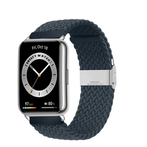 Sneezy Huawei Watch Fit 2 İle Uyumlu Metal Klips Solo Fiberlink Örgü Kordon  Mavi Koyu ürün görseli 1