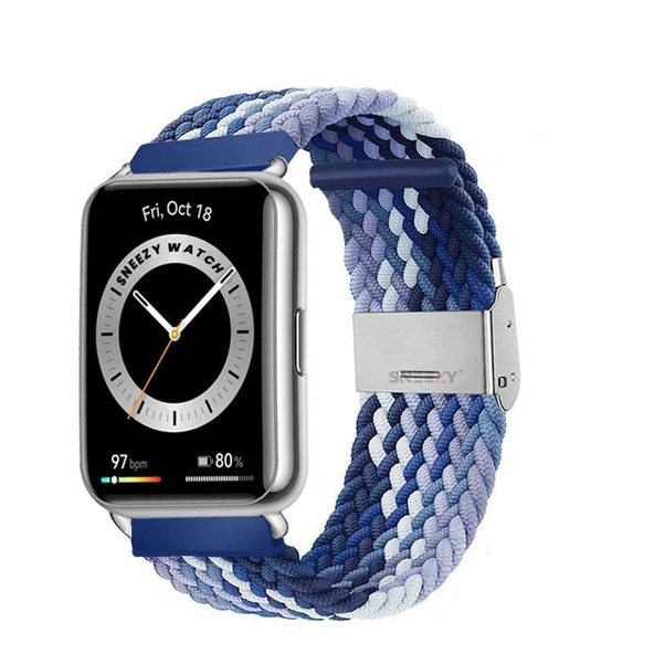 Sneezy Huawei Watch Fit 2 İle Uyumlu Metal Klips Solo Fiberlink Örgü Kordon  Mavi Beyaz ürün görseli 1