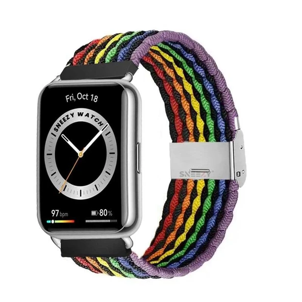 Sneezy Huawei Watch Fit 2 İle Uyumlu Metal Klips Solo Fiberlink Örgü Kordon  Gökkuşağı Siyah ürün görseli 1