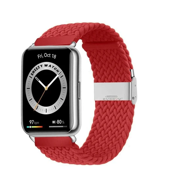 Sneezy Huawei Watch Fit 2 İle Uyumlu Metal Klips Solo Fiberlink Örgü Kordon  Kırmızı ürün görseli 1
