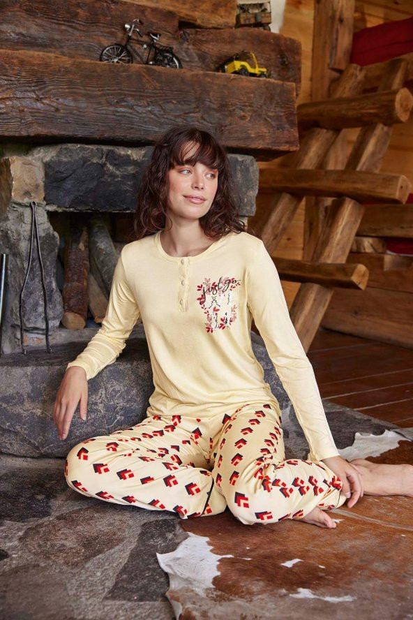 Aydoğan Kadın Mine Alt Poplin Üst Penye Sarı Pijama Takımı 10081 ürün görseli 1
