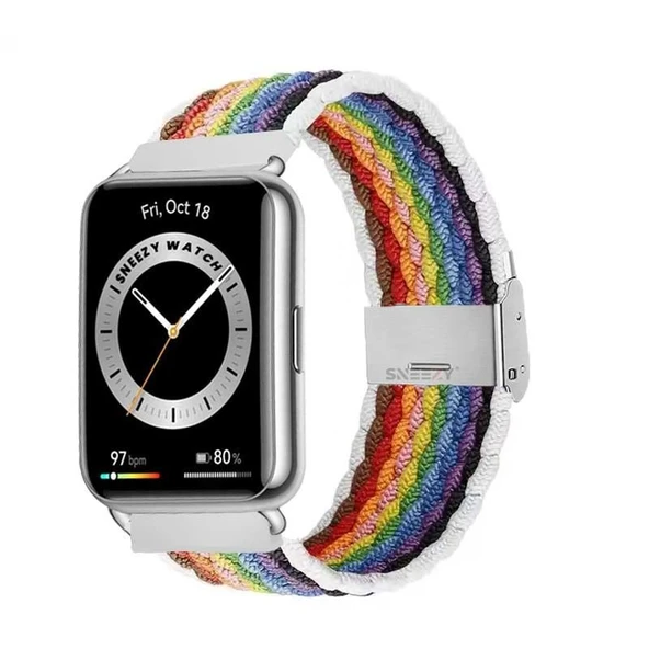 Sneezy Huawei Watch Fit 2 İle Uyumlu Metal Klips Solo Fiberlink Örgü Kordon  Beyaz Gökkuşağı ürün görseli 1