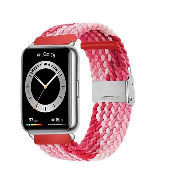 Sneezy Huawei Watch Fit 2 İle Uyumlu Metal Klips Solo Fiberlink Örgü Kordon  Kırmızı Beyaz ürün görseli 1