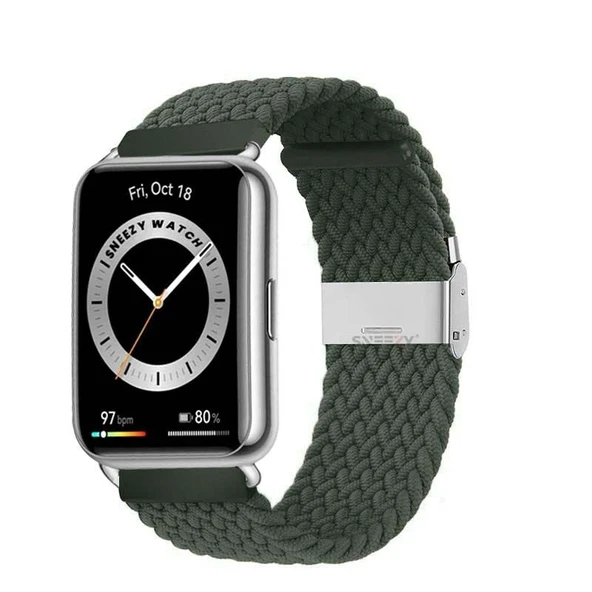Sneezy Huawei Watch Fit 2 İle Uyumlu Metal Klips Solo Fiberlink Örgü Kordon  Haki ürün görseli 1