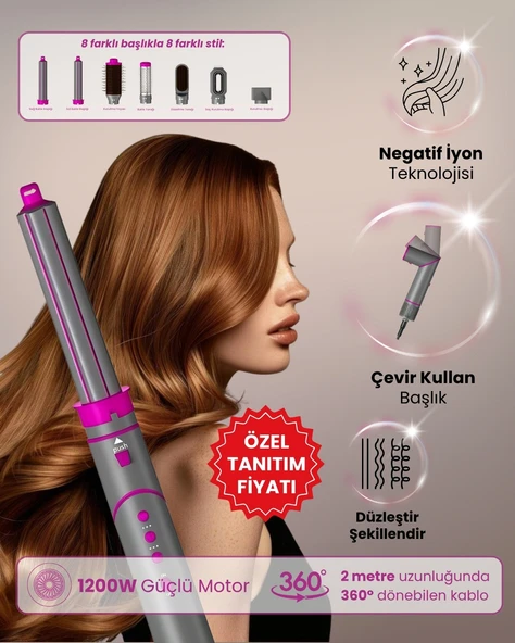 Mieco Aria 8 in 1  Uyumlu  Saç Kurutma ve Şekillendirme Seti - Pink ürün görseli 1