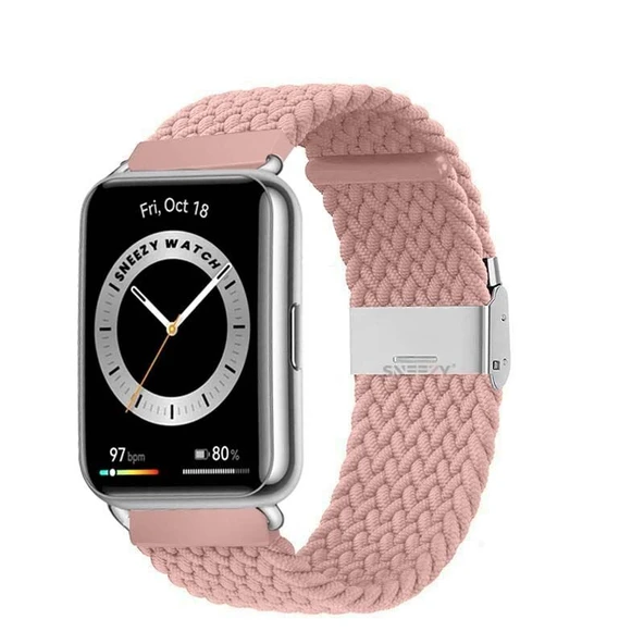 Sneezy Huawei Watch Fit 2 İle Uyumlu Metal Klips Solo Fiberlink Örgü Kordon  Pembe ürün görseli 1