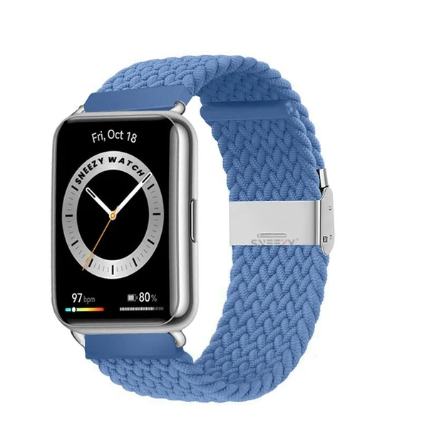 Sneezy Huawei Watch Fit 2 İle Uyumlu Metal Klips Solo Fiberlink Örgü Kordon  Mavi Açık ürün görseli 1