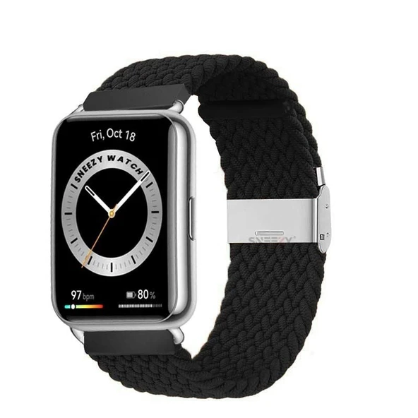 Sneezy Huawei Watch Fit 2 İle Uyumlu Metal Klips Solo Fiberlink Örgü Kordon  Siyah ürün görseli 1
