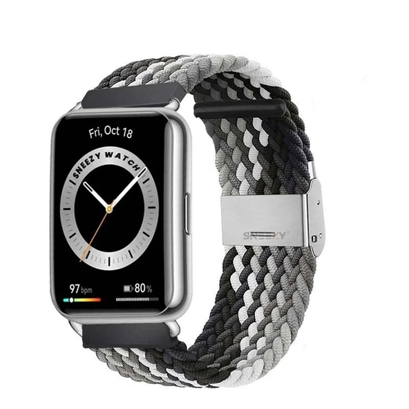 Sneezy Huawei Watch Fit 2 İle Uyumlu Metal Klips Solo Fiberlink Örgü Kordon  Siyah Beyaz ürün görseli 1