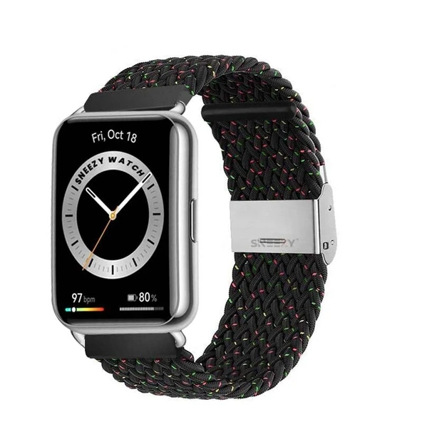 Sneezy Huawei Watch Fit 2 İle Uyumlu Metal Klips Solo Fiberlink Örgü Kordon  Siyah Gökkuşağı ürün görseli 1