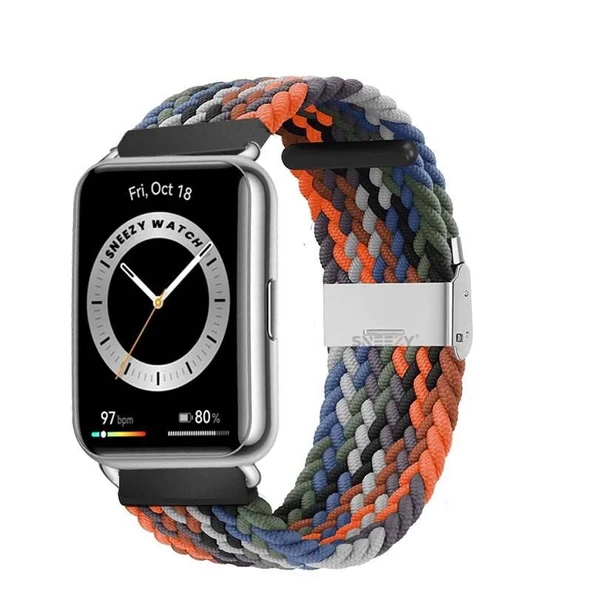 Sneezy Huawei Watch Fit 2 İle Uyumlu Metal Klips Solo Fiberlink Örgü Kordon  Turuncu Siyah ürün görseli 1