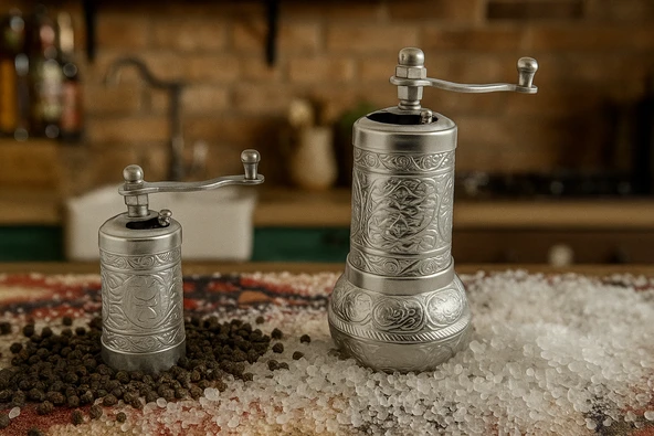 LUDIA Osmanlı Arması Motifli Baharat Değirmeni Gümüş Renk 2 li Set Top Küpe Hediyeli! ürün görseli 1
