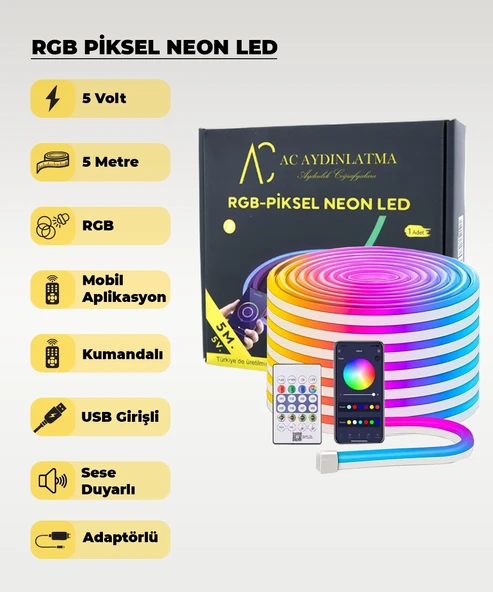 USB Neon RGB Piksel Şerit Led - Animasyonlu - Sese Duyarlı - 5 Metre (Aplikasyon - Kumandalı)) ürün görseli 1