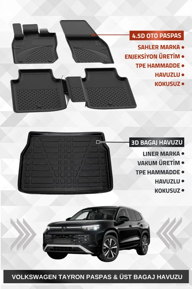 Sahler Volkswagen Tayron 2024 Sonrası Uyumlu 4.5D Premium Havuzlu Oto Paspas ve Liner ÜST Bagaj Havuzu 5 Koltuk ürün görseli 1