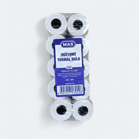 Mas 56x16m Termal Rulo Yazar Kasa Pos Kağıdı 16 Metre / 10 Adet (1 Paket) ürün görseli 1