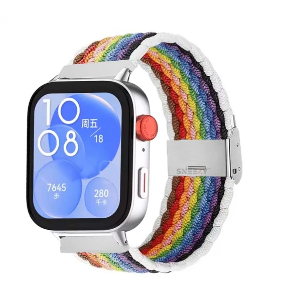 Huawei Watch Fit 3 İle Uyumlu Metal Klips Solo Fiberlink Örgü Kordon  Beyaz Gökkuşağı ürün görseli 1