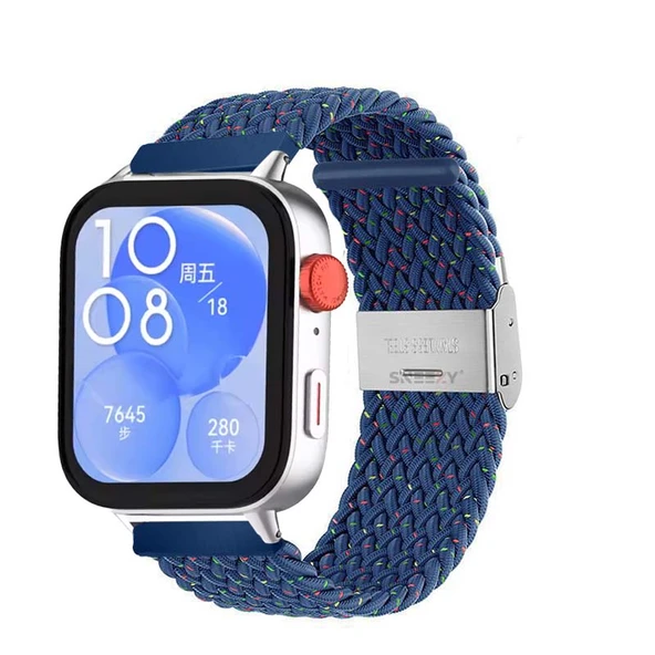 Huawei Watch Fit 3 İle Uyumlu Metal Klips Solo Fiberlink Örgü Kordon  Mavi Gökkuşağı ürün görseli 1