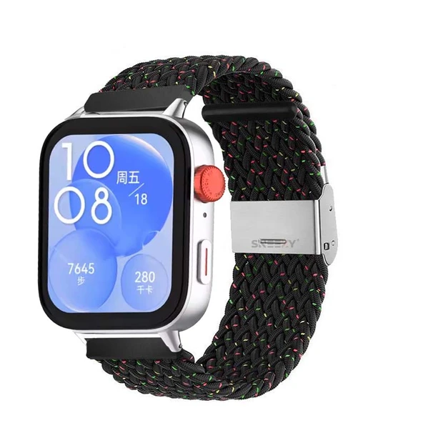 Huawei Watch Fit 3 İle Uyumlu Metal Klips Solo Fiberlink Örgü Kordon  Siyah Gökkuşağı ürün görseli 1