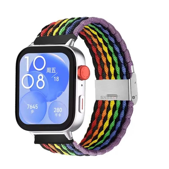 Huawei Watch Fit 3 İle Uyumlu Metal Klips Solo Fiberlink Örgü Kordon  Gökkuşağı Siyah ürün görseli 1