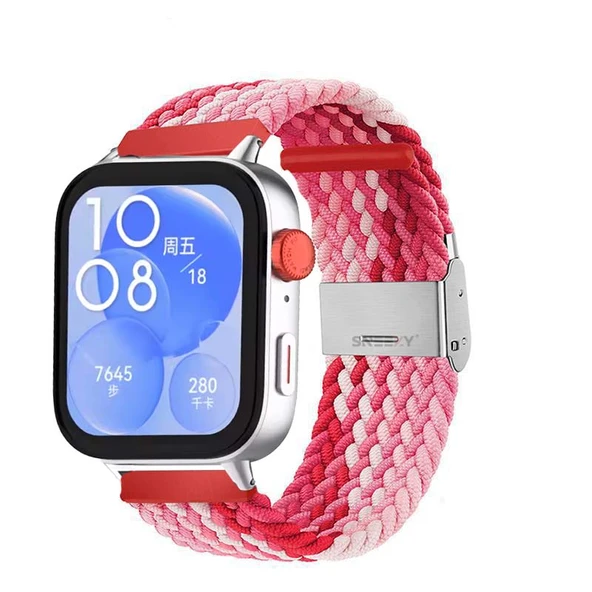 Huawei Watch Fit 3 İle Uyumlu Metal Klips Solo Fiberlink Örgü Kordon  Kırmızı Beyaz ürün görseli 1