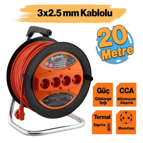 Plastik Makaralı Seyyar CCA Kablo 4 Prizli Uzatma Kablosu 3x2.5 mm 20 Metre Alüminyum Alaşım Kablosu ürün görseli 1