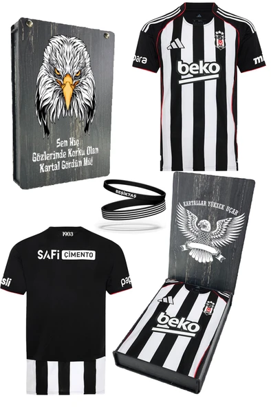 Beşiktaş Orijinal 25/26 Siyah Beyaz Çubuklu Forma Bileklik Hediyeli Özel Tasarım Hediye Ahşap Kutulu ürün görseli 1