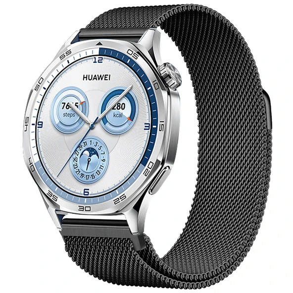 Huawei Watch GT5 46mm Uyumlu Manyetik Milanese Loop Metal Kordon  Siyah ürün görseli 1