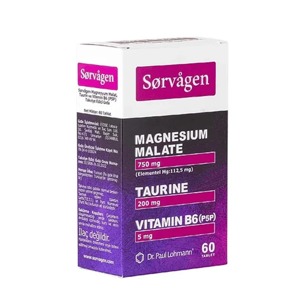 Sorvagen Magnezyum Malat, Taurin ve Vitamin B6 İçeren Takviye Edici Gıda 60 Tablet ürün görseli 1