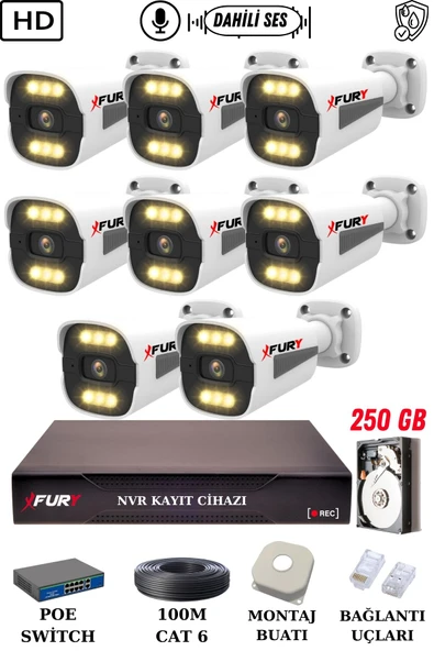 FURY 8 Kameralı Ip Güvenlik Kamerası Seti Sesli 4mp Gece Renkli Su Geçirmez 1506s 250GB ürün görseli 1