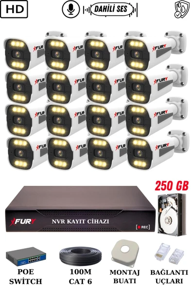 FURY 16 Kameralı Ip Güvenlik Kamerası Seti Sesli 4mp Gece Renkli Su Geçirmez 1506s 250GB ürün görseli 1