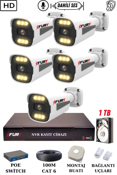 FURY 5 Kameralı Ip Güvenlik Kamerası Seti Sesli 4mp Gece Renkli Su Geçirmez 1506s 1TB ürün görseli 1