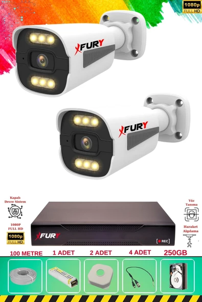 FURY 2 Kameralı 6 Warm Led Gece Renkli Görüş-Cepten İzle-Su Geçirmez Güvenlik Kamerası Seti 250GB ürün görseli 1