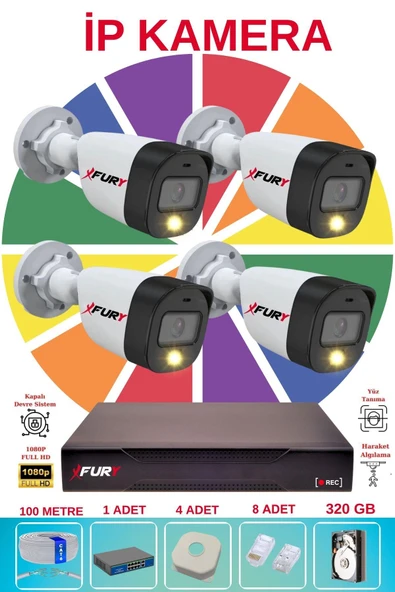 FURY 4 Lü Ip Güvenlik Kamera Seti Sesli 4mp Gece Renkli Su Geçirmez 5515s 320GB ürün görseli 1