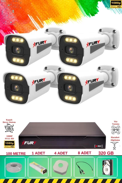 FURY 4 Kameralı 6 Warm Led Gece Renkli Görüş-Cepten İzle-Su Geçirmez Güvenlik Kamera Seti 320GB ürün görseli 1