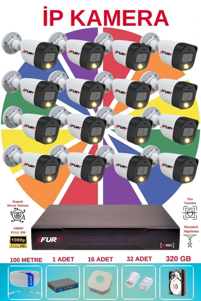 FURY 16 Lı Ip Güvenlik Kamera Seti Sesli 4mp Gece Renkli Su Geçirmez 5515s 320GB ürün görseli 1