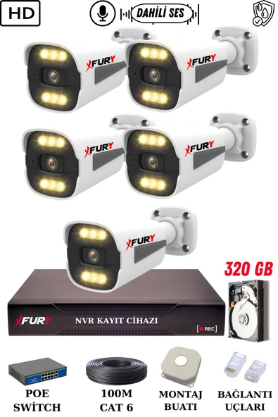 FURY 5 Kameralı Ip Güvenlik Kamerası Seti Sesli 4mp Gece Renkli Su Geçirmez 1506s 320GB ürün görseli 1