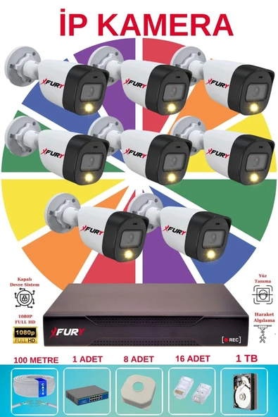 FURY 8 li Ip Güvenlik Kamera Seti Sesli 4mp Gece Renkli Su Geçirmez 5515s 1TB ürün görseli 1