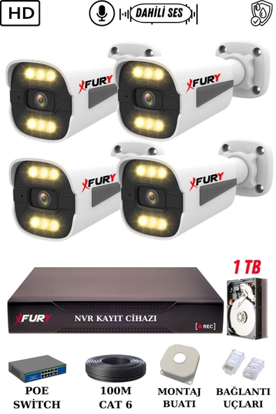 FURY 4 Kameralı Ip Güvenlik Kamerası Seti Sesli 4mp Gece Renkli Su Geçirmez 1506s 1TB ürün görseli 1