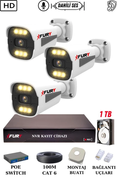 FURY 3 Kameralı Ip Güvenlik Kamerası Seti Sesli 4mp Gece Renkli Su Geçirmez 1506s 1TB ürün görseli 1