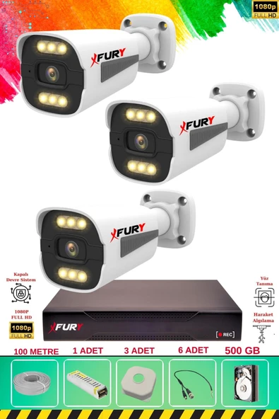 FURY 3 Kameralı 6 Warm Led Gece Renkli Görüş-Cepten İzle-Su Geçirmez Güvenlik Kamerası Seti 500GB ürün görseli 1