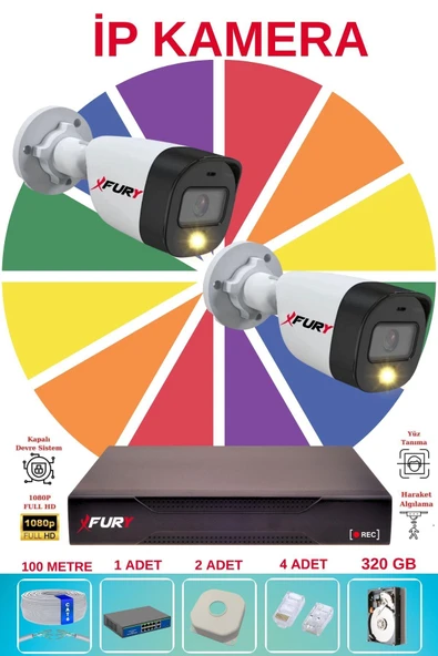 FURY 2 Li Ip Güvenlik Kamera Seti Sesli 4mp Gece Renkli Su Geçirmez 5515s 320GB ürün görseli 1