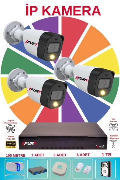 FURY 3 Lü Ip Güvenlik Kamera Seti Sesli 4mp Gece Renkli Su Geçirmez 5515s 1TB ürün görseli 1