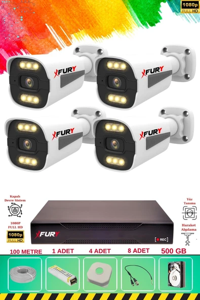 FURY 4 Kameralı 6 Warm Led Gece Renkli Görüş-Cepten İzle-Su Geçirmez Güvenlik Kamera Seti 500GB ürün görseli 1