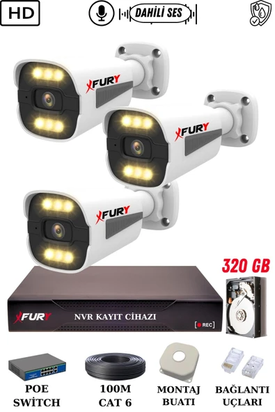 FURY 3 Kameralı Ip Güvenlik Kamerası Seti Sesli 4mp Gece Renkli Su Geçirmez 1506s 320GB ürün görseli 1