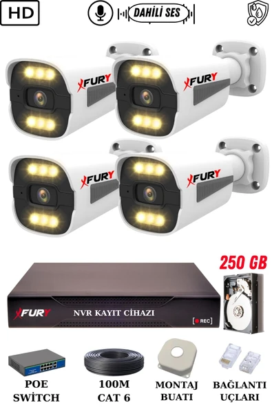 FURY 4 Kameralı Ip Güvenlik Kamerası Seti Sesli 4mp Gece Renkli Su Geçirmez 1506s 250GB ürün görseli 1